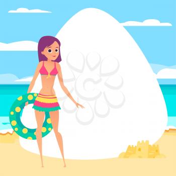 Beach background. Young girl with rubber ring. Cartoon style. Vector illustration