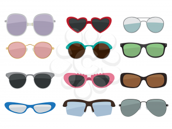 Vector isolated set of colored sunglasses. Fashion lens sunglasses, illustration of summer accessory