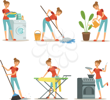 Housewife make different domestic works. Mother occupation. Vector cartoon characters set. Housework and housewife, wife and mother illustration