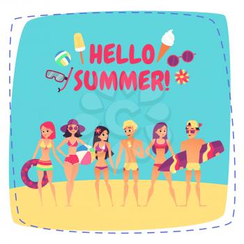 Hello summer. Company of young people on beach. Fashion happy people. Vector illustration
