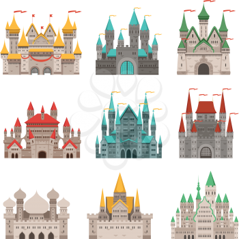 Medieval old castles and historical buildings with fairytale roofs. Medieval fairytale tower, castle building architecture collection illustration