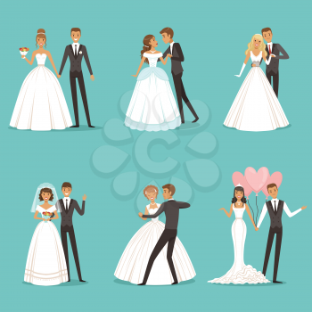 Beautiful wedding couple characters. Bride and groom. Wedding bride and groom couple love, vector illustration