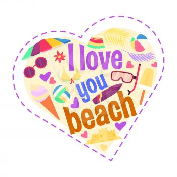 I love you beach. Cartoon heart shape composition. Vector illustration