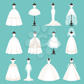 Different styles of brides dresses. Vector illustration in cartoon style. Fashion design dress bridal with veil