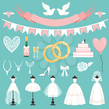 Wedding symbols in cartoon style. Cake, flowers, rings and other elements. Wedding love and holiday celebration elements. Vector illustration