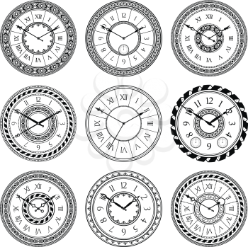 Antique clocks isolate on white. Vintage watch on wall. Vector pictures set. Time watch and antique clock dial illustration