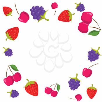 Berries frame on white background with place for text. Sweet fruits natural. Vector illustration