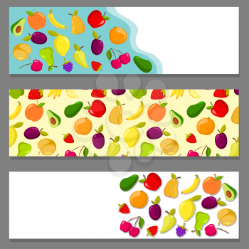 Set of horizontal banners with fruits. Design set of banner with food fruit, vector illustration