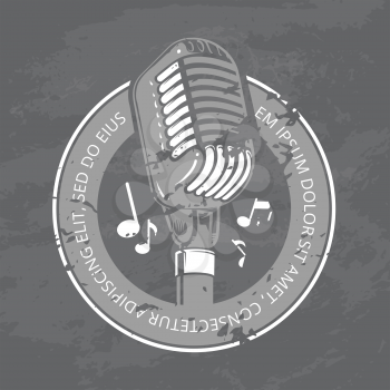Black and white shabby karaoke club, bar, audio record studio vector logo with microphone on grunge texture illustration