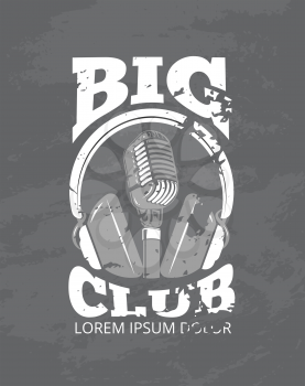 Black and white shabby karaoke music club, audio record studio vector logo with microphone, headphones illustration