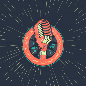 Retro karaoke music club, bar, audio record studio vector logo with microphone on vintage sunburst background illustration