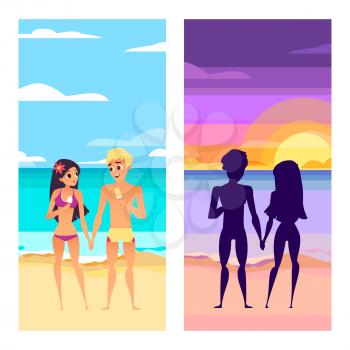 Two cards. Summer and night beach. Couple in love. Beach card holiday, vector illustration