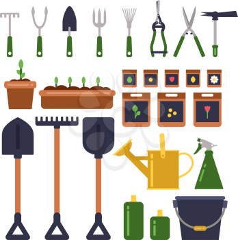 Gardening tools isolate on white background. Vector illustrations. Bucket and shovel, equipment object for gardening