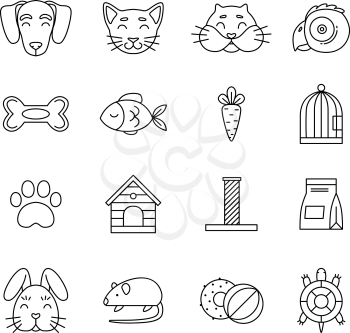 Linear icon set of domestic pets and his tools. Zoo magazin vector pictures isolated. Hamster and turtle, domestic linear dog and cat illustration
