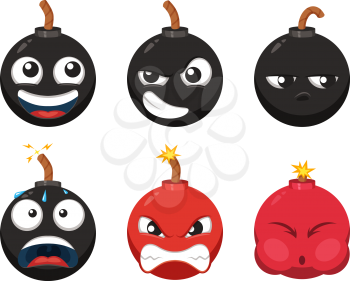 Cartoon character of funny bomb with different emotions. Vector mascot isolate on white. Cartoon character black bomb with face illustration