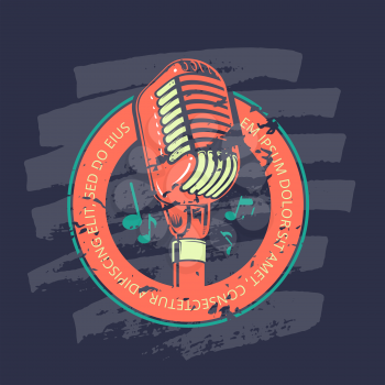 Shabby retro karaoke music club, bar, audio record studio vector logo, badge with microphone on marker texture. Illustration template banner