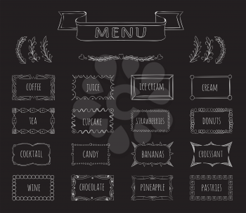 Cafe blackboard menu hand drawn set. Coffee and juice, ice cream and tea, menu cafe, vector illustration