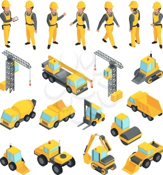 Transport and workers for construction buildings. Vector pictures in isometric style. Building worker and equipment transport illustration