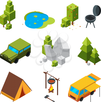 Isometric pictures of camping. Garden, stones and rocks, tent. Vector 3d pictures camp tent, tree and car for travel illustration