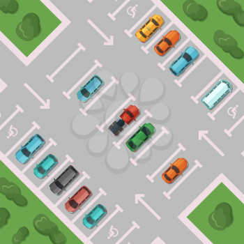 Vector diagonal view parking lot with trees outside and with places for disabled people with cars top view illustration
