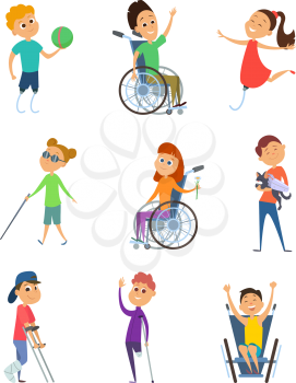 Disabled people. Wheelchair for kids. Children with disability. Vector characters in cartoon style. Disabled child in wheelchair, character handicapped kids illustration
