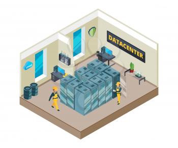 Isometric picture of interior of datacenter with specific equipment. Clouds systems and different symbols of network. Vector data center, room, system digital equipment illustration