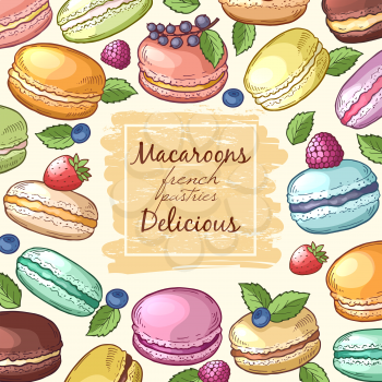 Poster with colored illustrations of macaroons. Background with food pictures and place for your text. Macaroon colored cake chocolate delicious vector