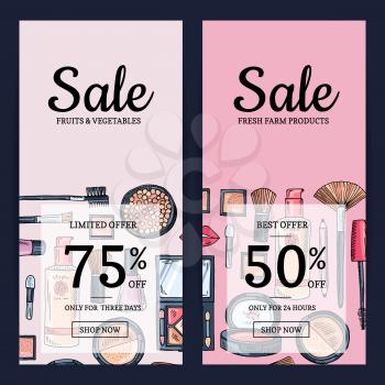 Vector sale banners for beauty shop with hand drawn makeup products backgrounds illustration