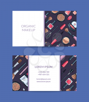 Vector business card template for beauty brand or makeup artist with hand drawn makeup background and rectangles with stripes and shadows illustration