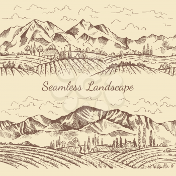 Seamless pictures of nature landscape. Vineyard or countryside illustrations. Vector vineyard and mountain, nature field countryside