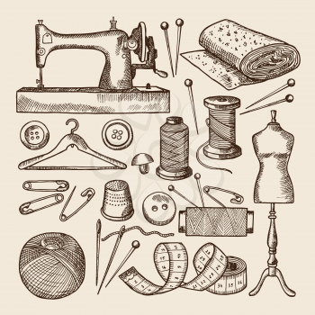 Vintage sewing symbols set. Vector pictures in hand drawn style. Vintage craft handmade, needle and pin illustration
