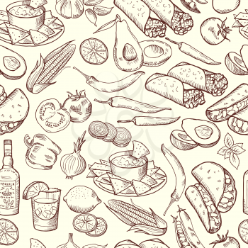Seamless pattern with traditional mexican food. Vector pictures set. Illustration of mexican food pattern, pepper chili and tequila background