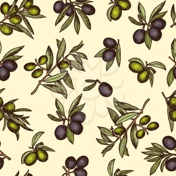 Seamless pattern with different olive products and health food. Wrapping pictures for package design. Seamless pattern olive branch. Vector illustration
