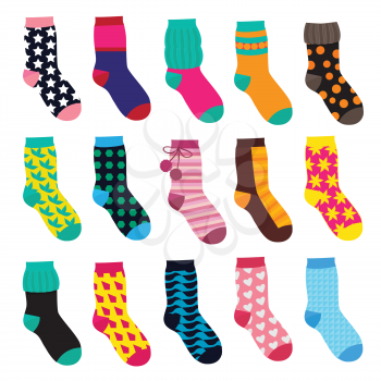Socks in cartoon style. Elements of kids clothes. Vector illustrations isolate Kids sock warm with colored pattern