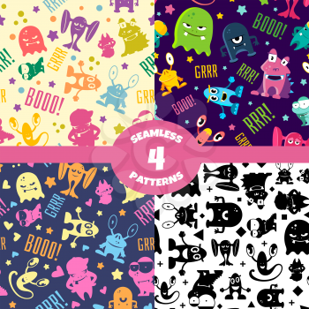 Seamless patterns set with cute cartoon monsters. Vector background with characters smile, alien halloween illustration
