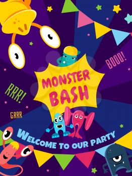 Monster bash party card. Invitation poster vector illustration templat banner