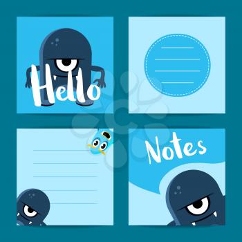 Vector square note cards set with cute cartoon monsters. Blue collection cards illustration