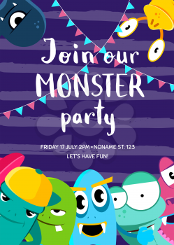 Vector monster party invitation poster with crowd of cute monsters and garlands on stripes background. Invitation to party with monsters illustration