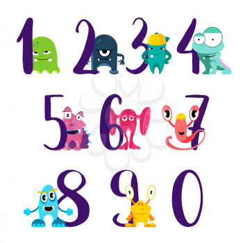 Vector numbers for happy birthday with cute cartoon monsters isolated on white background. Illustration of birthday number age with monsters