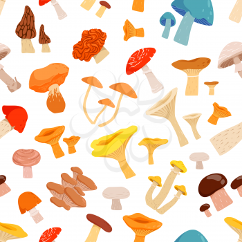 Seamless pattern with mushrooms. Cartoon pictures isolate on white background. Forest mushroom autumn, vector illustration