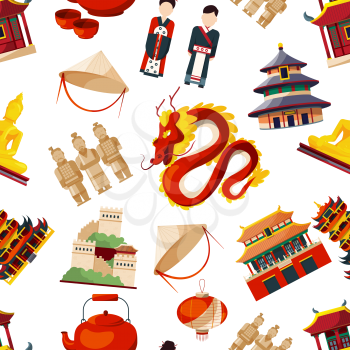 Seamless patterns with elements of traditional china culture. Vector asia chinese traditional, dragon and building illustration