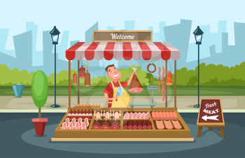 Local market place with fresh foods. Vector illustrations in cartoon style. Butcher shop, store street with assortment meat