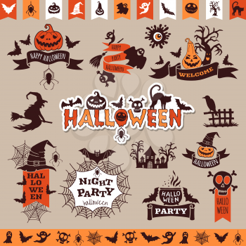 Halloween monochrome emblems for decoration. Vector collection halloween elements for holiday party