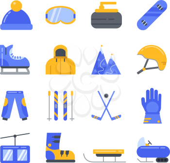 Extreme winter sport. Ski, snowboard and other equipment. Vector icon set in flat style. Curling and hockey, snowmobile and sledge, lift and snowboard illustration