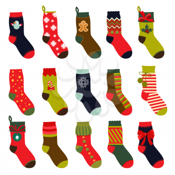 Set of christmas socks. Vector illustrations in flat style. Christmas winter sock for gift holiday
