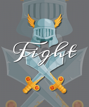 Vector fantasy cartoon style game design medieval crossed swords and helmet elements with lettering and shadows illustration