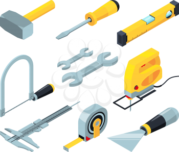 Electronic tools for construction. Isometric pictures set. Isometric of equipment tools, repair and work industry, screwdriver and wrench, vector illustration