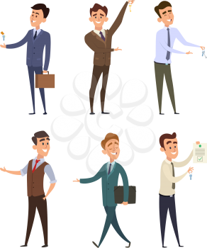 Real estate agents selling different buildings. Set of business characters. Agent realtor character male sell. Vector illustration