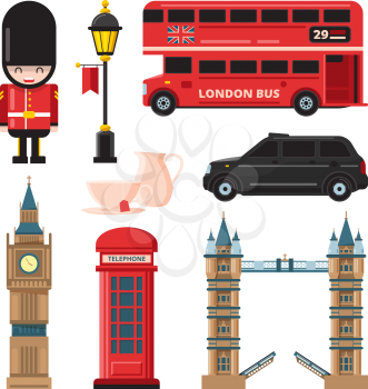 Landmarks and different culture objects of london. Travel landmark england culture and tourism. Vector illustration