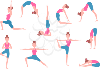 Female making yoga exercises in different poses. Vector yoga body girl position, exercise for health and relax illustration
